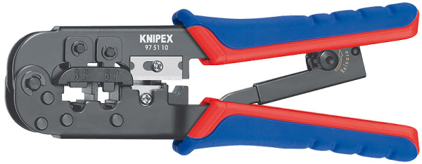 Пресс-клещи KNIPEX для штекеров типа RJ, кол-во гнёзд: 2, RJ 11/12 (6-пин), RJ 45 (8-пин), L-190 мм, чёрн., KN-975110SB