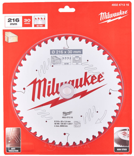 Пильный диск Milwaukee по дереву 216х30х2,4 Z48 4932471316