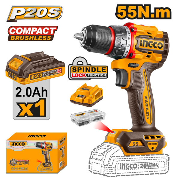 Шуруповерт аккумуляторный INGCO INDUSTRIAL 55 Нм 20В, б/щ  CDLI205582