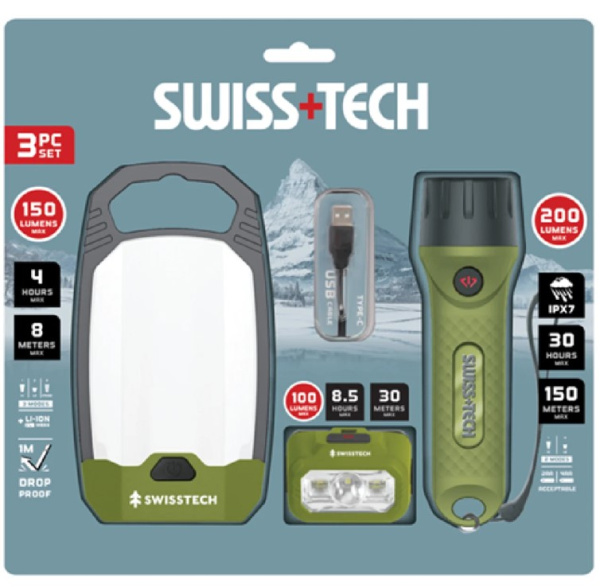Набор фонарей туристических SWISS+TECH (фонарик + фонарь походный + фонарь налобный)-3шт ST001255 в Казани