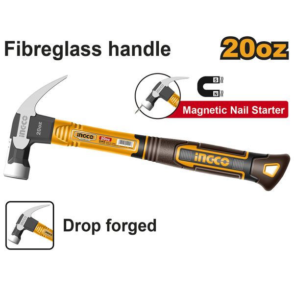 Молоток-гвоздодер с фиберглассовой рукояткой INGCO 560гр. HCH81020 в Казани 
