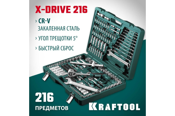 Набор инструмента Kraftool 1/2",3/8",1/4", 216пр.  27888-H216 в Казани 